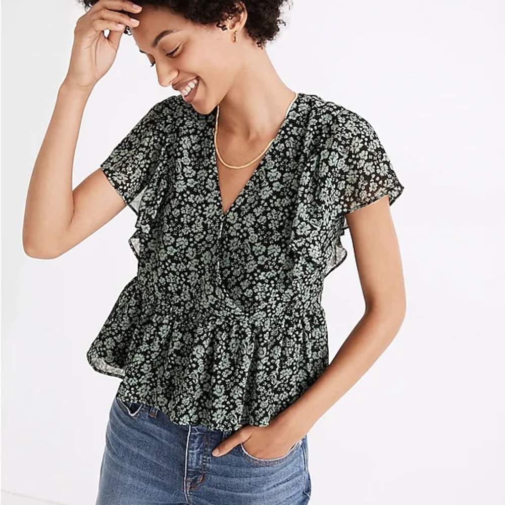 Madewell Georgette Ruffle-Sleeve Peplum Top in Fleur Field
